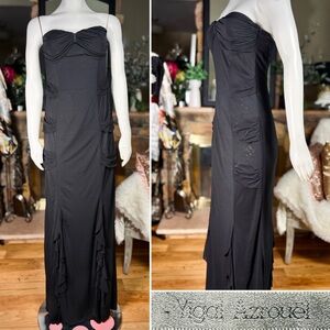 Yigal Azrouel Black 100% Silk Strapless Maxi Dress w/ Gathered Top & Ruffle Sz S